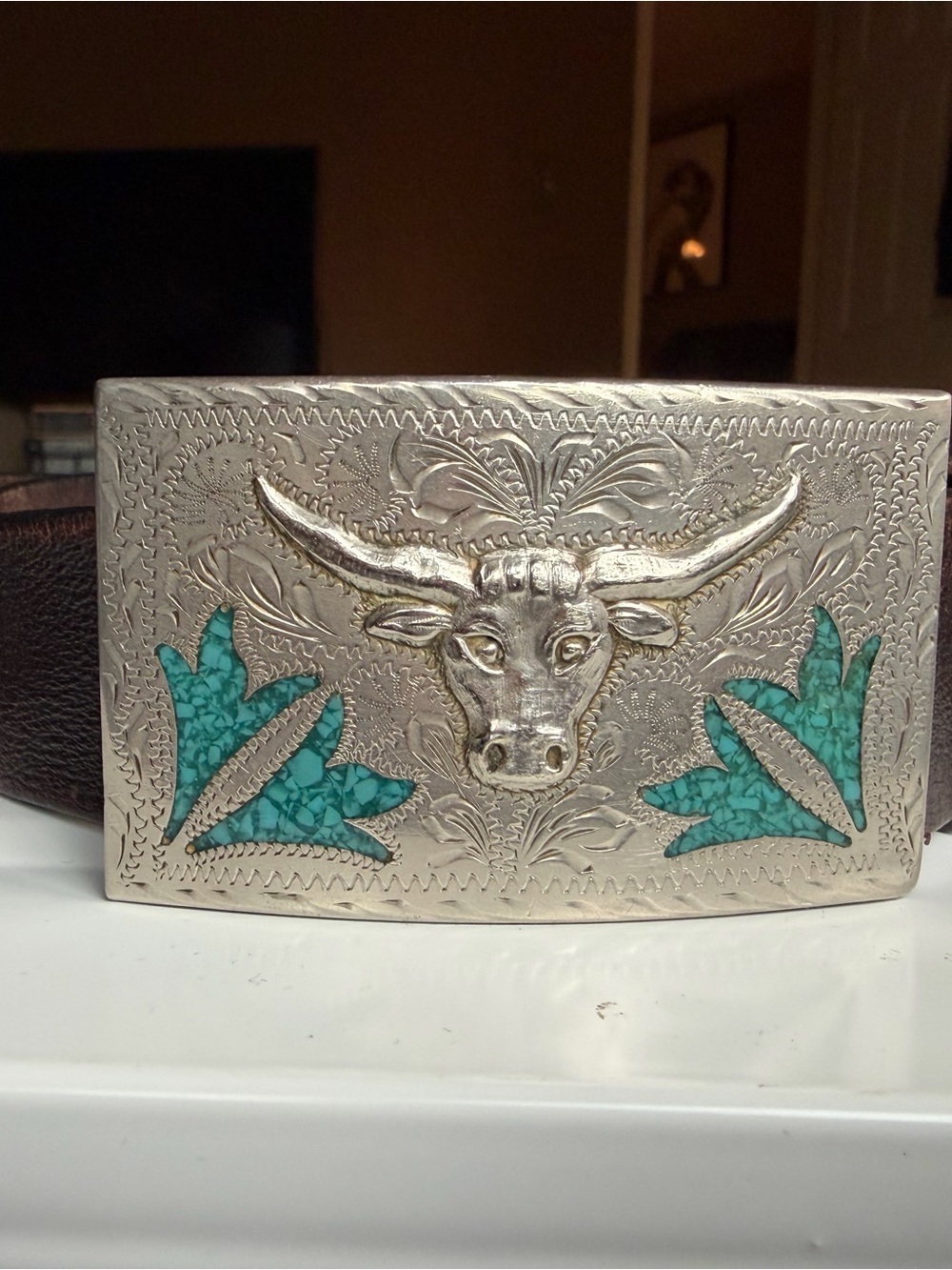 Western Silver Bull Head Belt Buckle with Turquoise Inlay - Picture 5 of 6